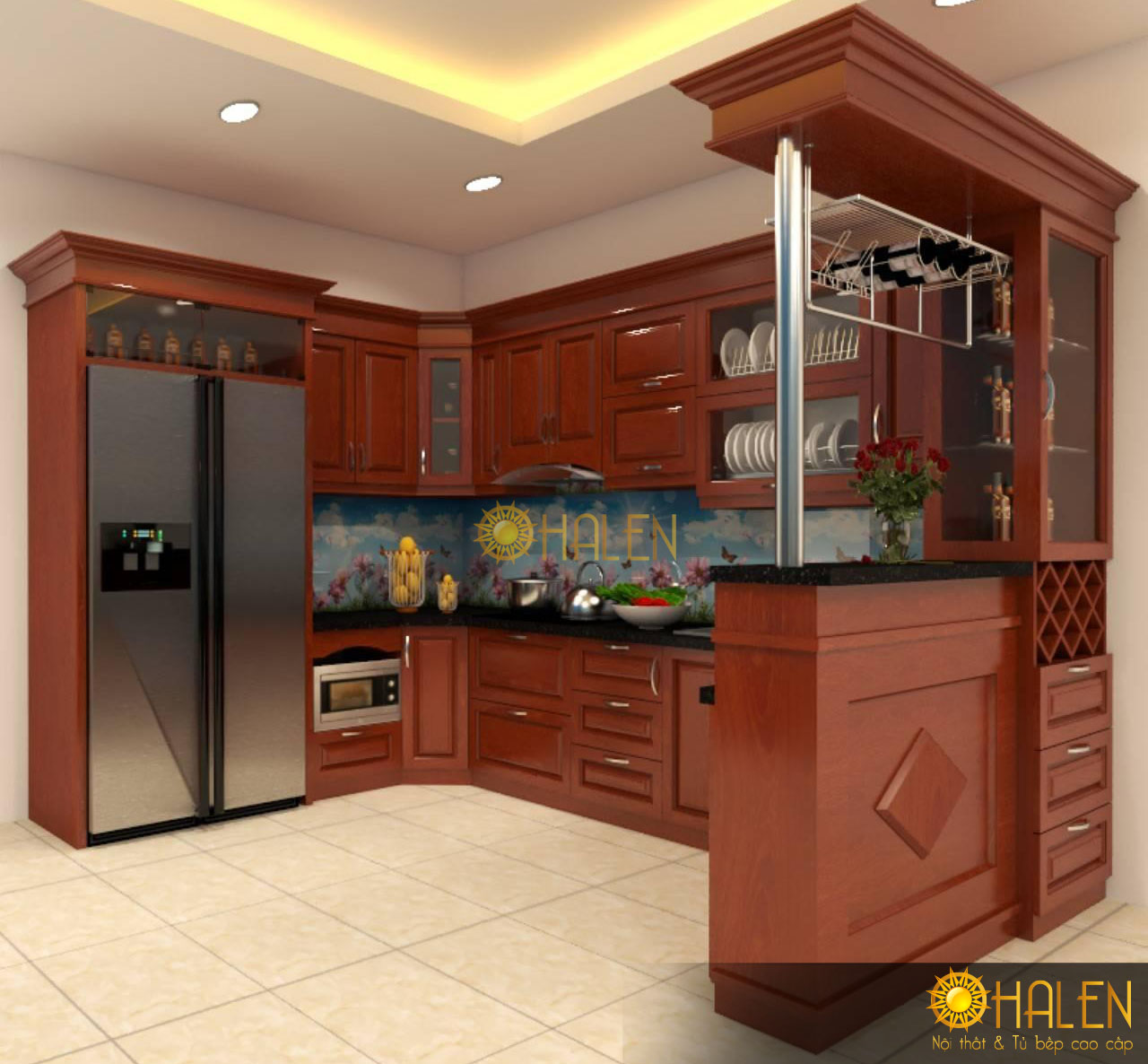 Mẫu thiết kế tủ bếp đẹp 2020 gỗ xoan đào - nội thất OHALEN