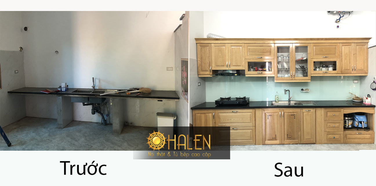 Hình ảnh so sánh trước và sau khi lắp đặt tủ bếp - Ohalen.vn