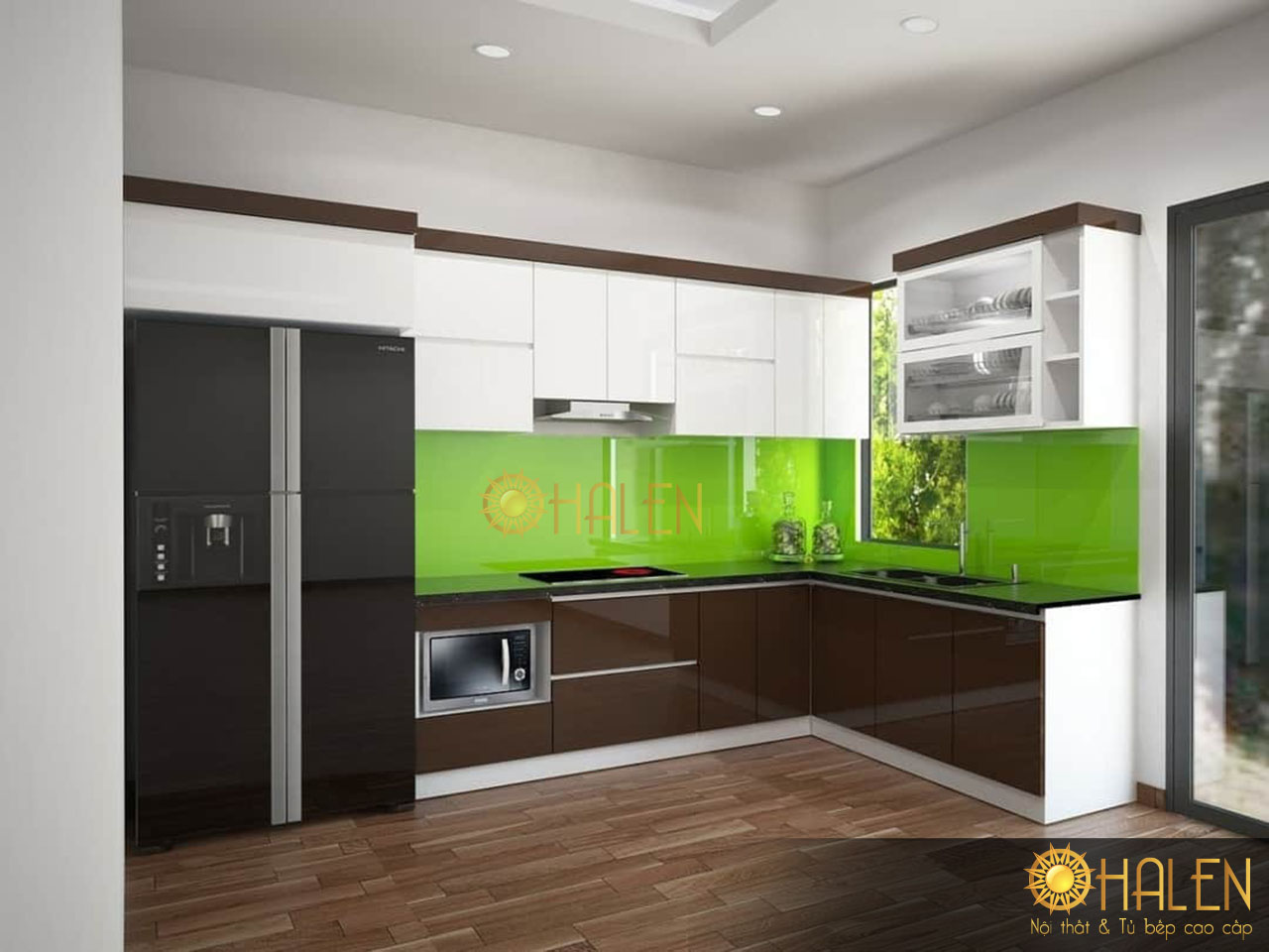 Kính bếp màu xanh lá cây mát mẻ và là điểm nhấn cho căn bếp