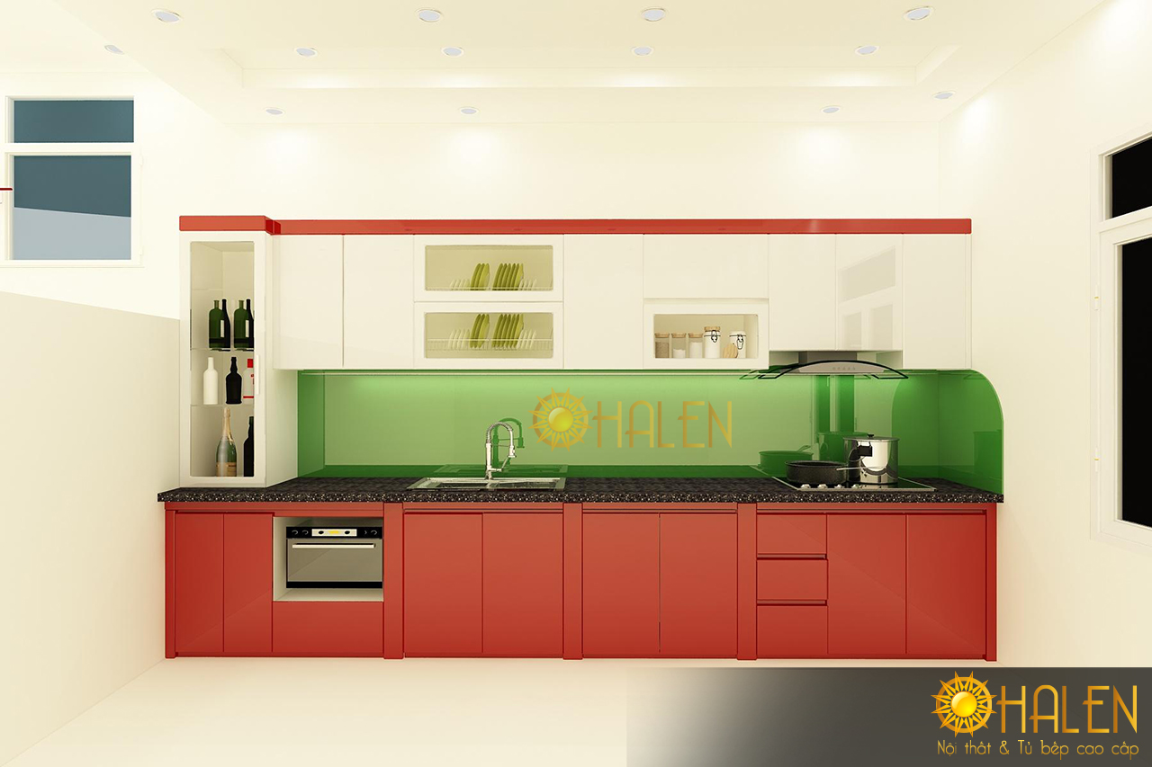 Bản thiết kế căn bếp của gia đình anh Lâm với sự kết hợp của màu trắng và đỏ nổi bật