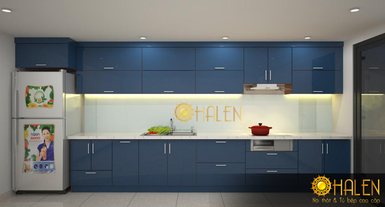 Tủ bếp Acrylic màu xanh dương hình chữ I màu sắc nổi bật và bắt mắt