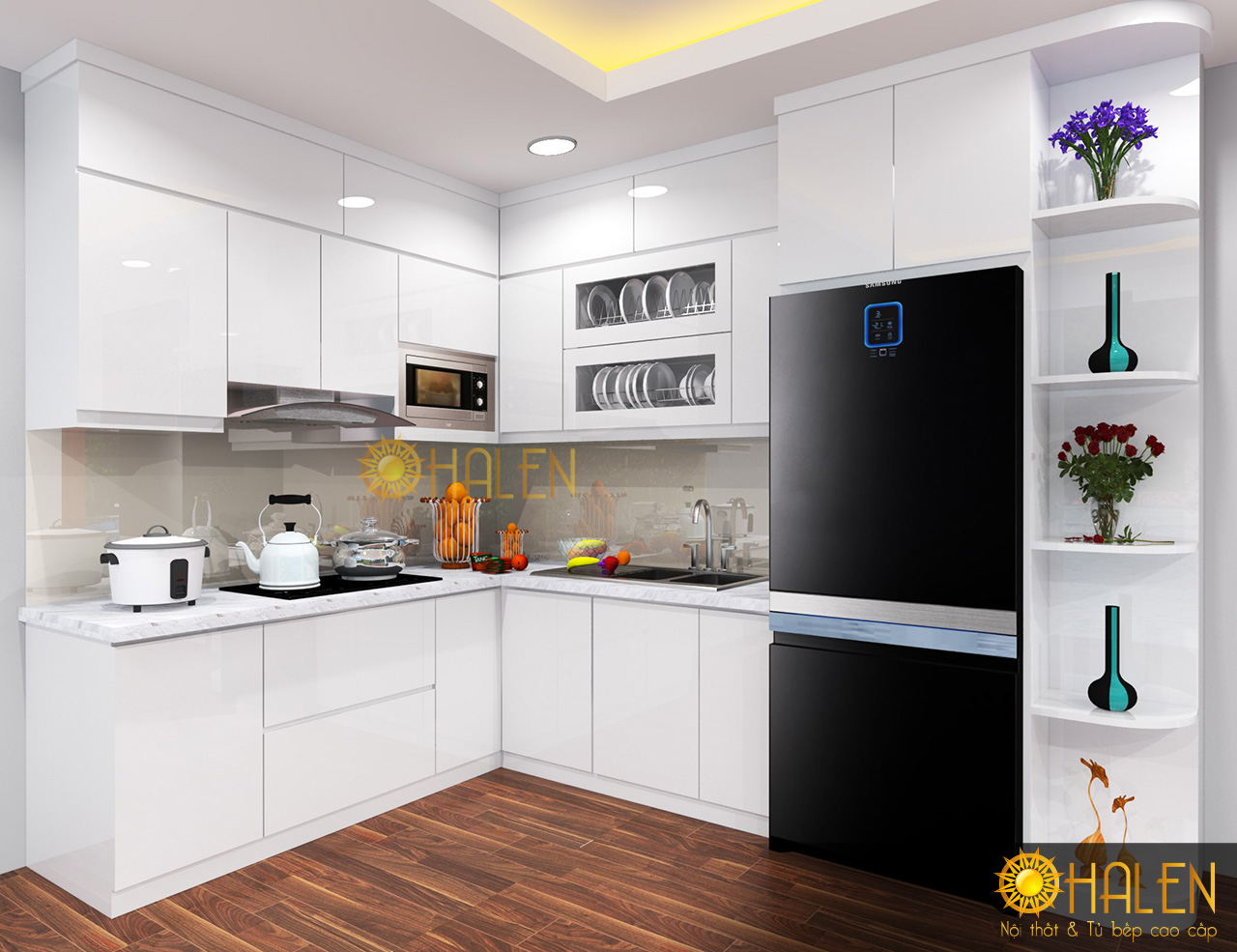 Tủ bếp Melamine chống ẩm kết hợp thiết kế thêm tủ trang trí hiện đại