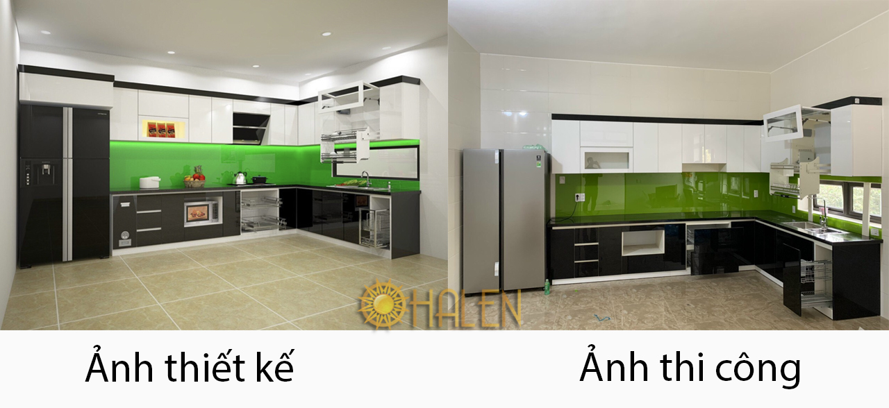 Hình ảnh so sánh bản thiết kế và bộ tủ bếp thi công trên thực tế - OHALEN.VN
