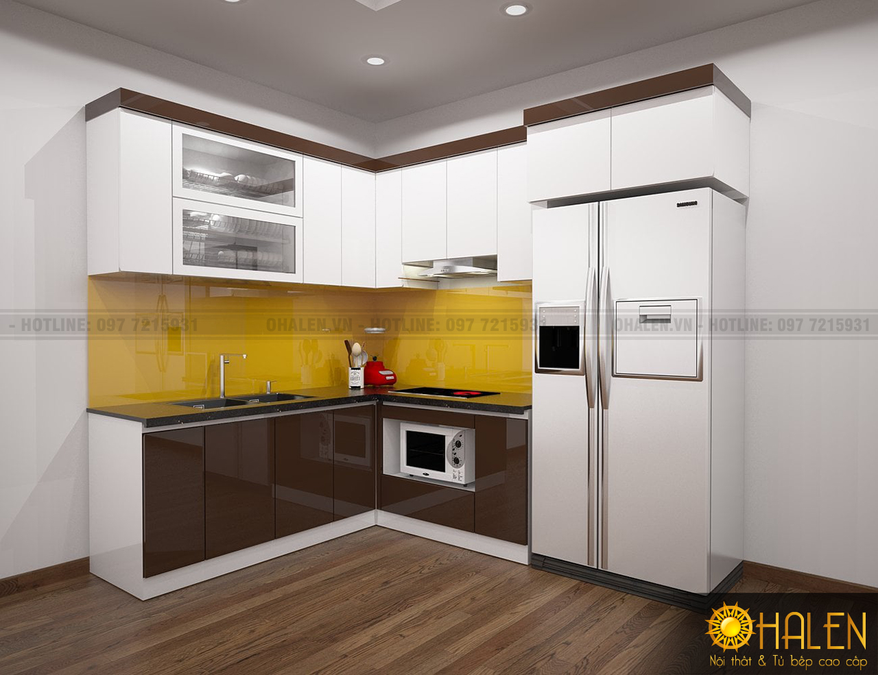 Kính ốp bếp màu vàng kết với tủ bếp Acrylic bóng gương dễ dàng vệ sinh lau chùi