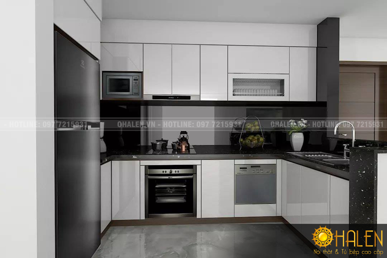 Mẫu 10 : Tông màu trắng đen sang trọng và tạo nên nét cá tính trong không gian bếp nhà bạn