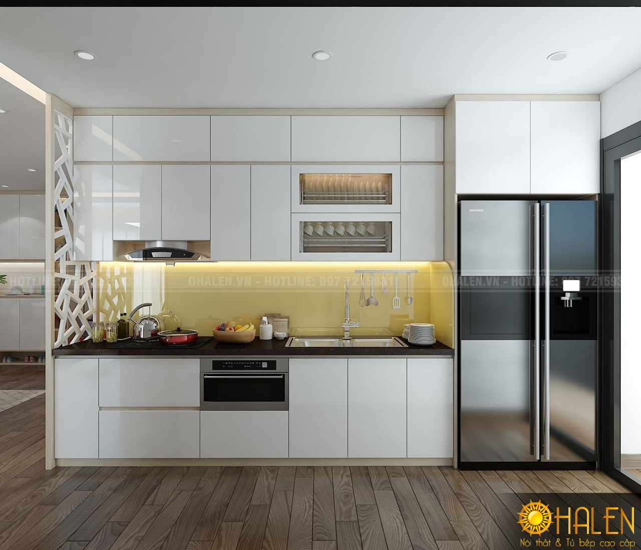 Mẫu thiết kế tủ bếp màu Melamine vân gỗ vàng nhạt kết hợp Acrylic trắng trẻ trung 