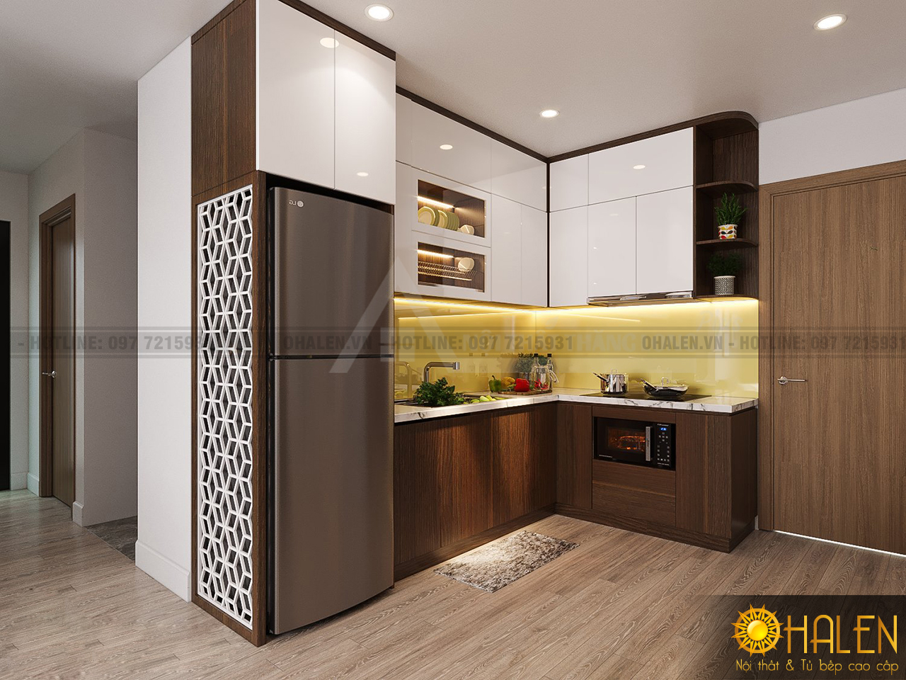 Thiết kế tủ bếp Melmine vân gỗ màu óc chó tại nội thất OHALEN cho bạn tham khảo