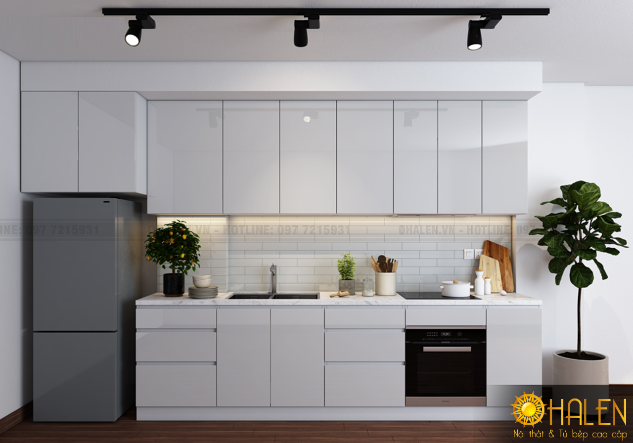Sử dụng toàn bộ tone màu trắng cho đồng bộ không gian - hình ảnh tủ bếp Melamine đẹp cho bạn tham khảo