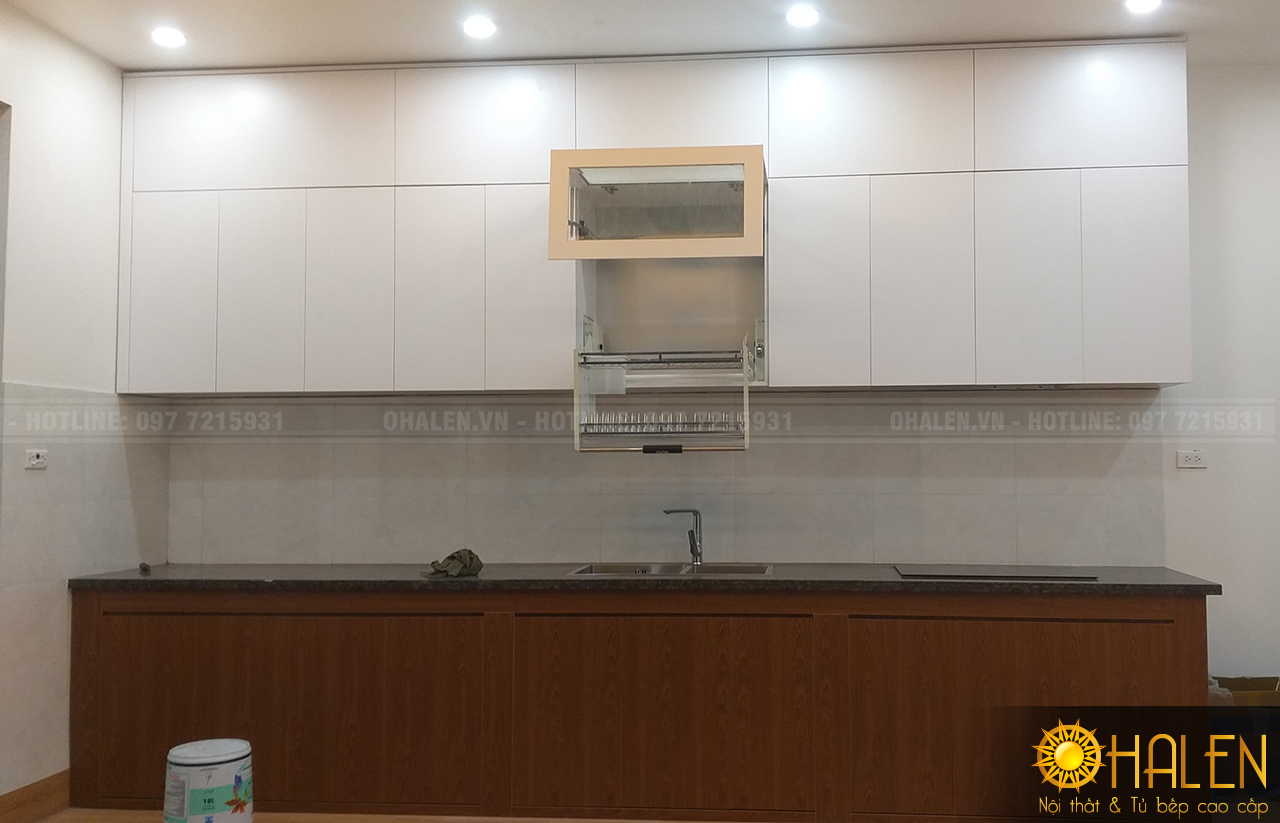 Mẫu tủ bếp Melamine chữ I OHALEN thi công hoàn hiện tại Thanh Xuân, Hà Nội, gia đình chị Thùy