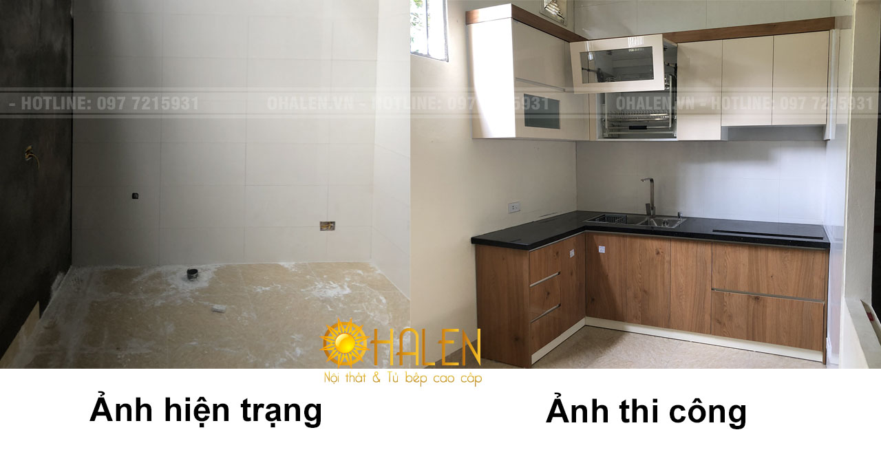 Hình ảnh so sánh trước và sau khi lắp đặt tủ bếp - nội thất OHALEN