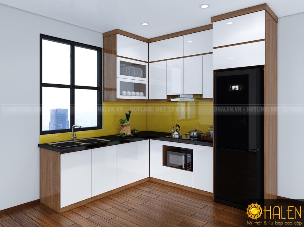 Mẫu thiết kế tủ bếp gỗ công nghiệp Melamine kết hợp Acrylic cho không gian nhà bếp chung cư