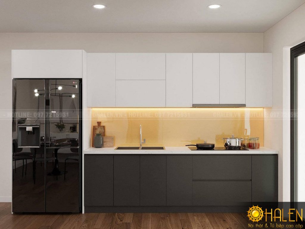 OHALEN thiết kế mẫu tủ bếp dành cho nhà bếp chung cư mang phong cách trẻ trung, hiện đại