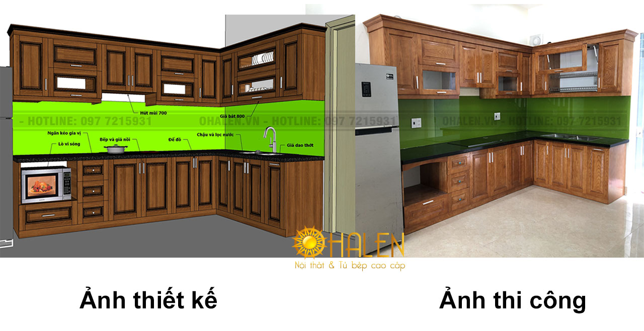 Hình ảnh so sánh thiết kế tủ và bộ tủ khi thi công thực tế