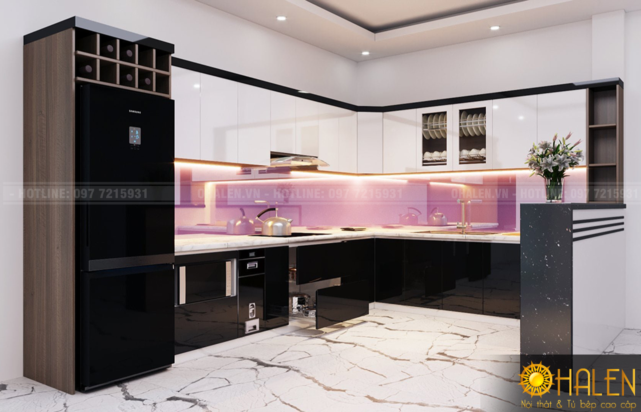 Mẫu tủ bếp có màu kính bếp cho người mệnh Hỏa - nội thất OHALEN