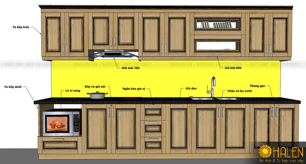 Cấu tạo tủ bếp gồm có 2 tầng là tầng dưới và tầng trên