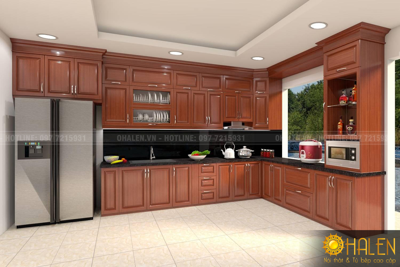 Mẫu 17 : Tủ bếp xoan đào kính bếp màu đen cực sang trọng cho không gian bếp của gia đình