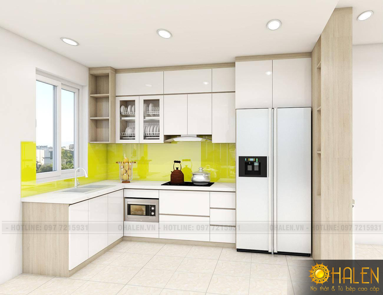 Mẫu tủ bếp có màu kính bếp cho người mệnh kim - nội thất OHALEN