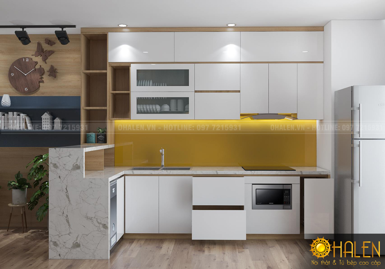 Mẫu tủ bếp 3 tầng này với thiết kế hiện đại, đầy đủ công năng cho bạn tham khảo