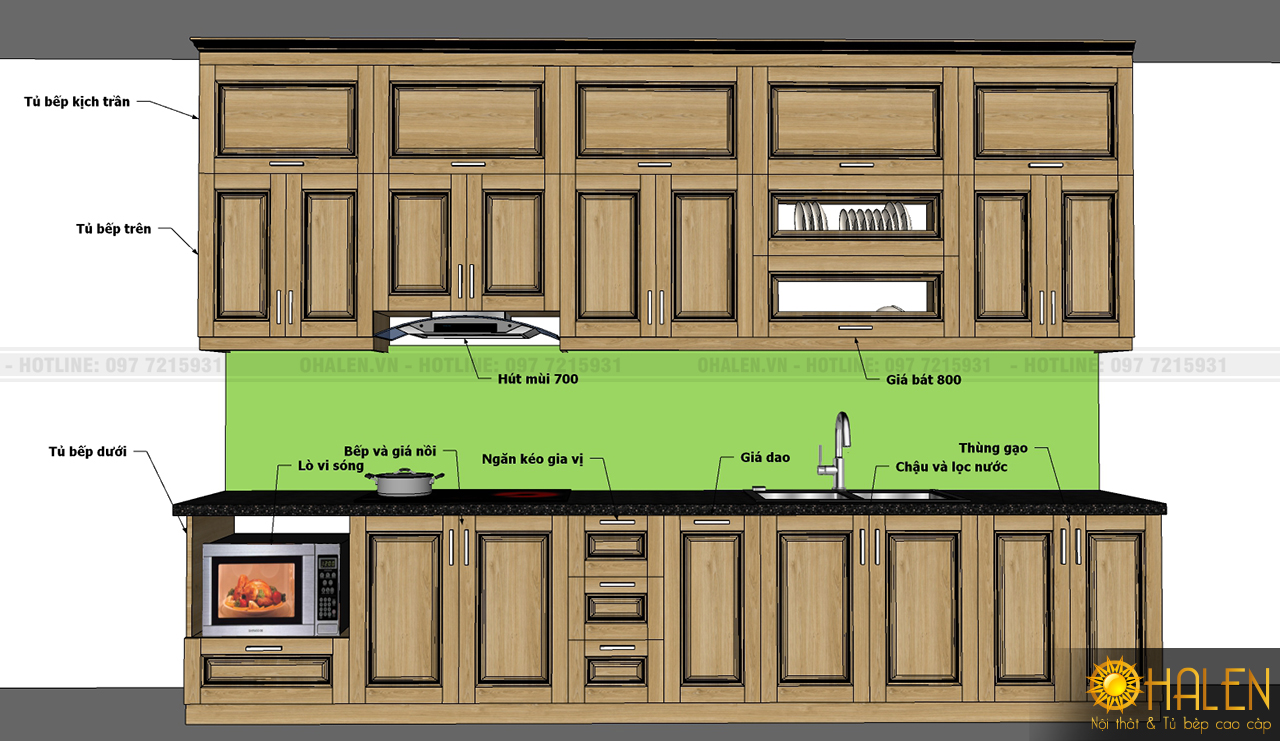 Cấu tạo của tủ bếp 3 tầng ( tủ bếp sát trần ) - nội thất OHALEN