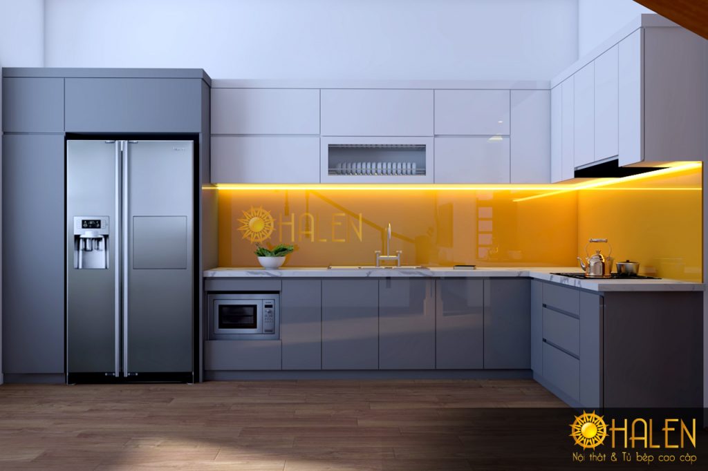 Mẫu tủ bếp kính màu vàng ấn tượng và giúp căn bếp thêm sang trọng