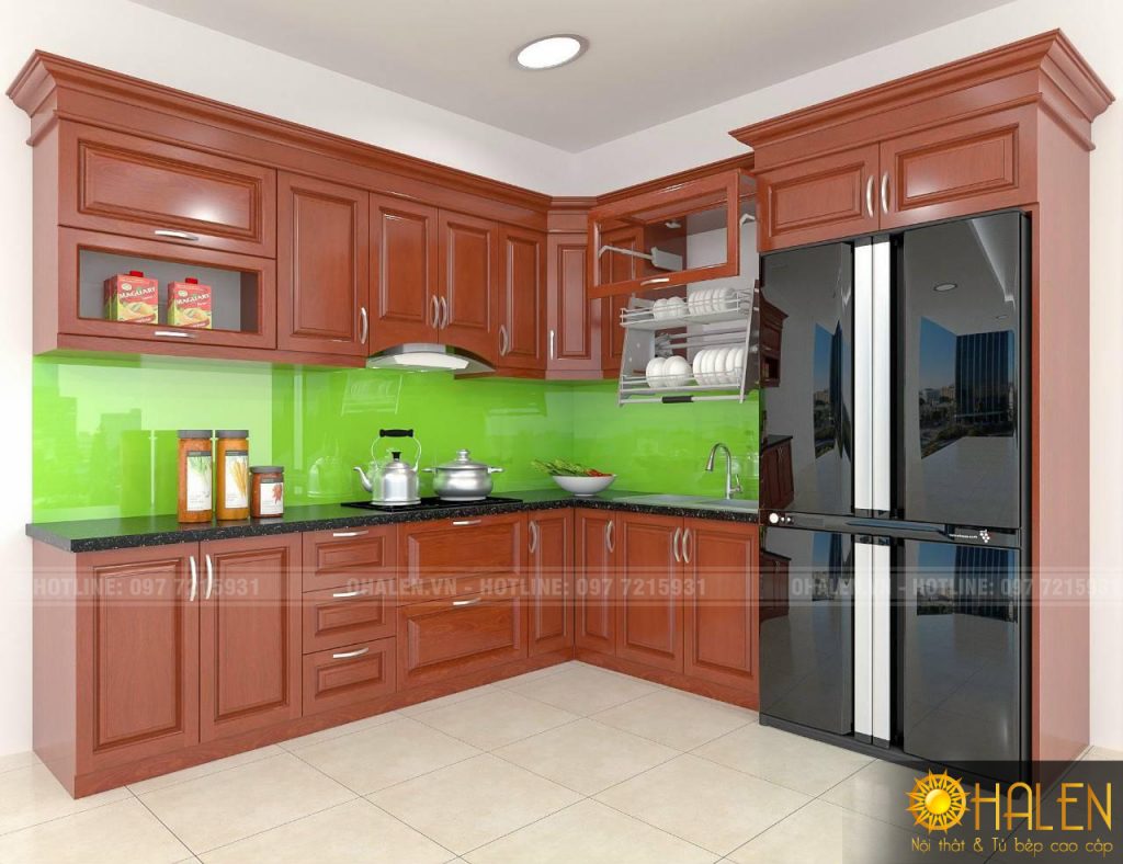 Mẫu thiết kế tủ bếp với tone màu cánh gián kết hợp màu kính nổi bật và thu hút