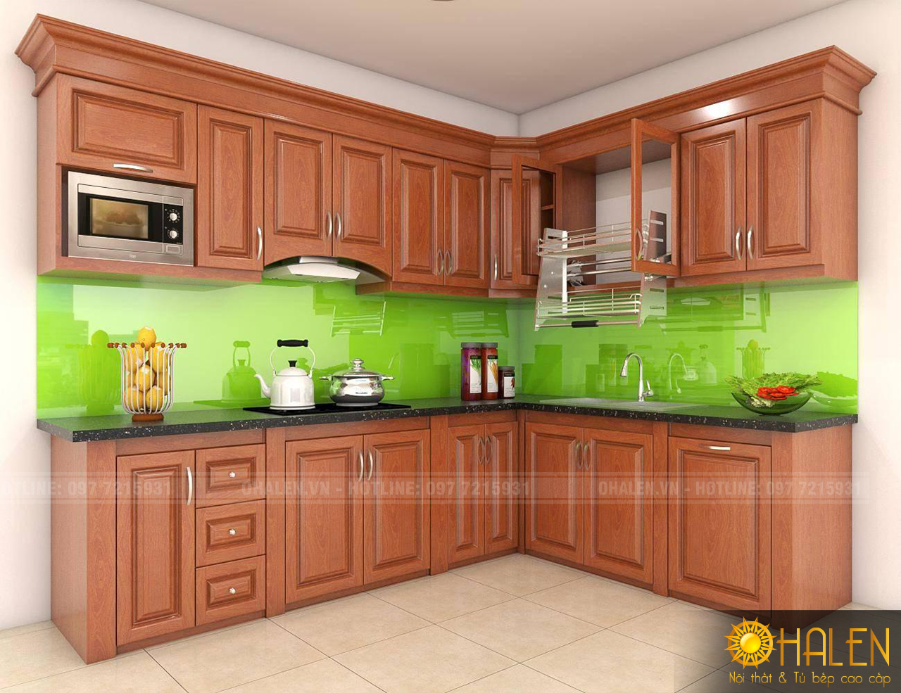 Tủ bếp kính màu xanh hiện nay rất được ưa chuộng vì mang đến không gian bếp tươi mới