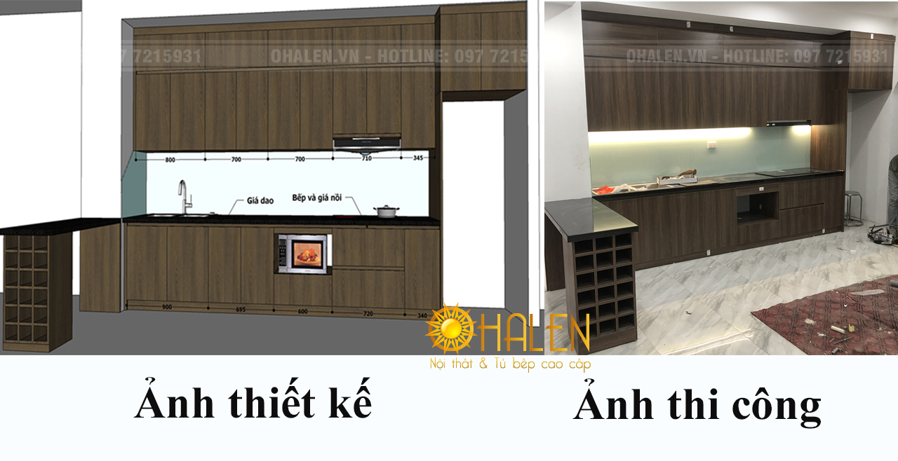 Hình ảnh so sánh bản thiết kế và hifnha rnh thi công tủ bếp hoàn thiện - nội thất OHALEN