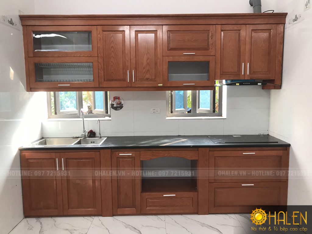 Hình ảnh bộ tủ bếp gỗ sồi Nga phun sơn PU màu cánh gián đã hoàn thiện