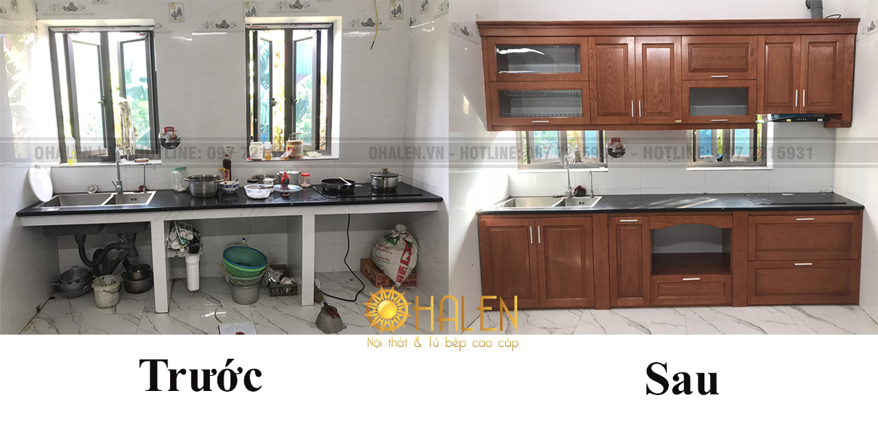 Căn bếp trước và sau khi thay đổi diện mạo - OHALEN lắp đặt tủ bếp tại Sóc Sơn - Hà Nội